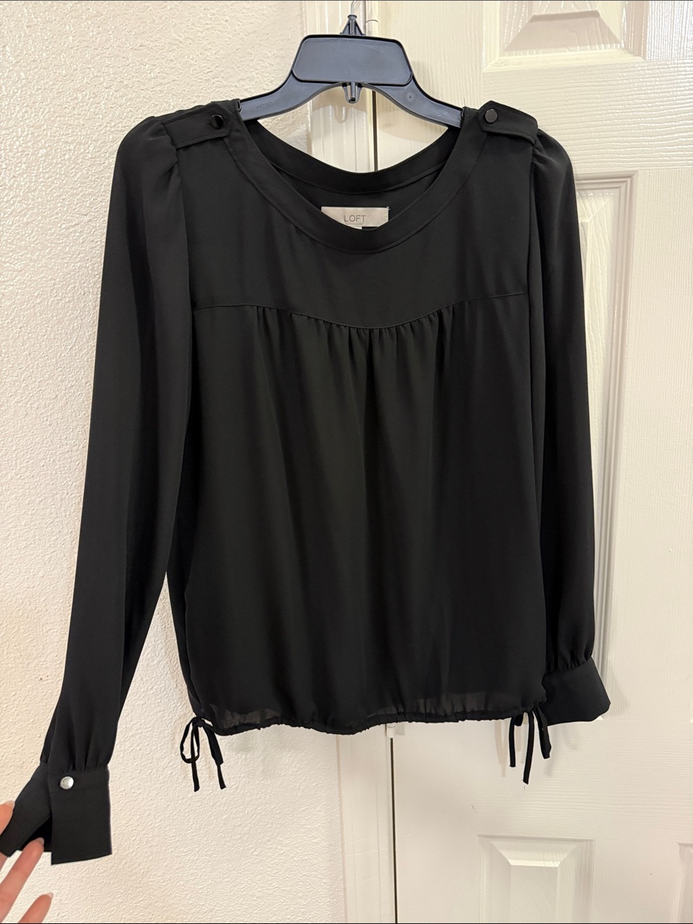 LOFT Black Long-Sleeve Drawstring Shoulder-Button Blouse